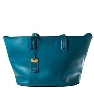 Ralph Lauren Teal Leather Tote – Lauren Collection Large Shopper, Gold Hardware